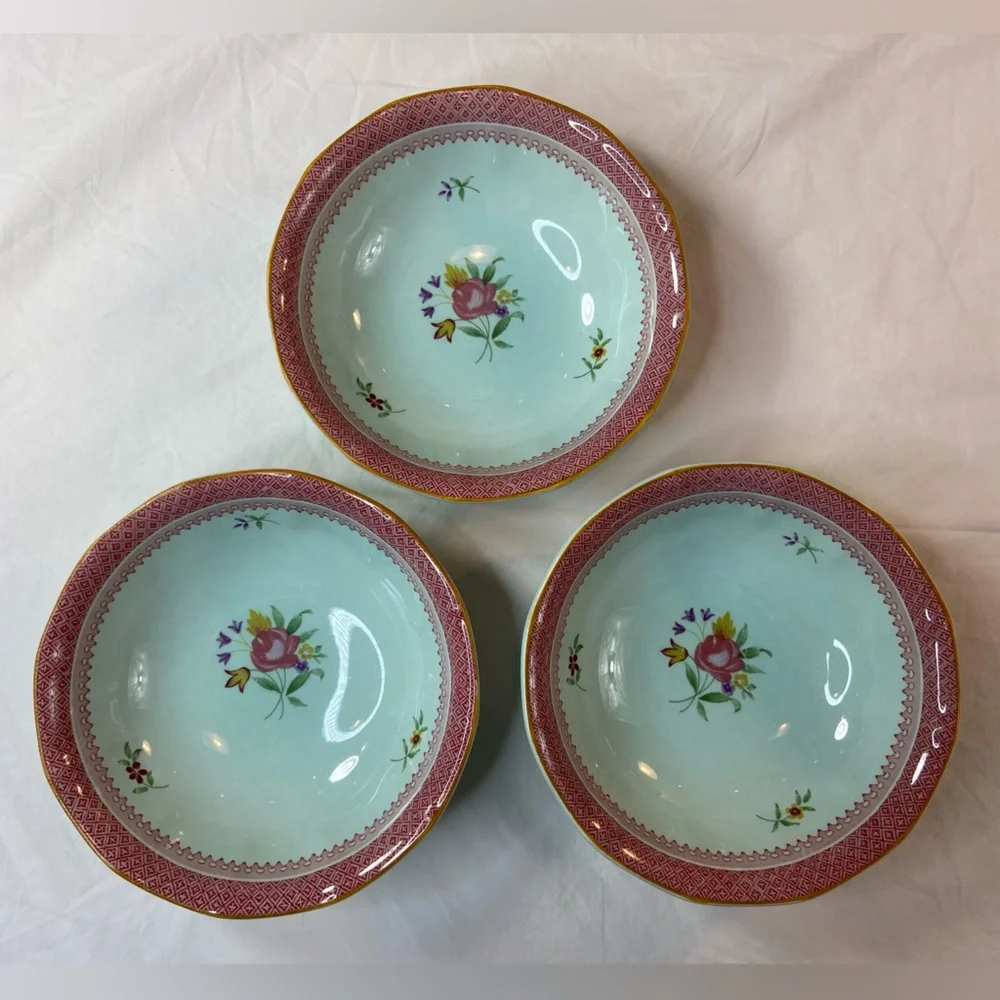 Adams Calyx Ware Lowestoft Ironstone Pink & Aqua Floral Ceramic Bowls - Set of 3